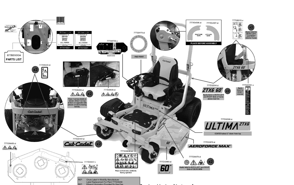 Label Map Diagram and Parts List for ZTX6-60KW (47RIAHA8010)(2020) Cub Cadet Lawn Tractor